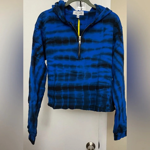 NWT Oli & Viv Corey Tie Dye Quarter Zip Crop Hoodie Electric Blue Black Small - Picture 3 of 9